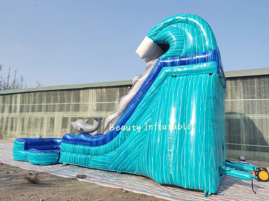 new design dolphin waterslide inflatable water slide with pool for sale