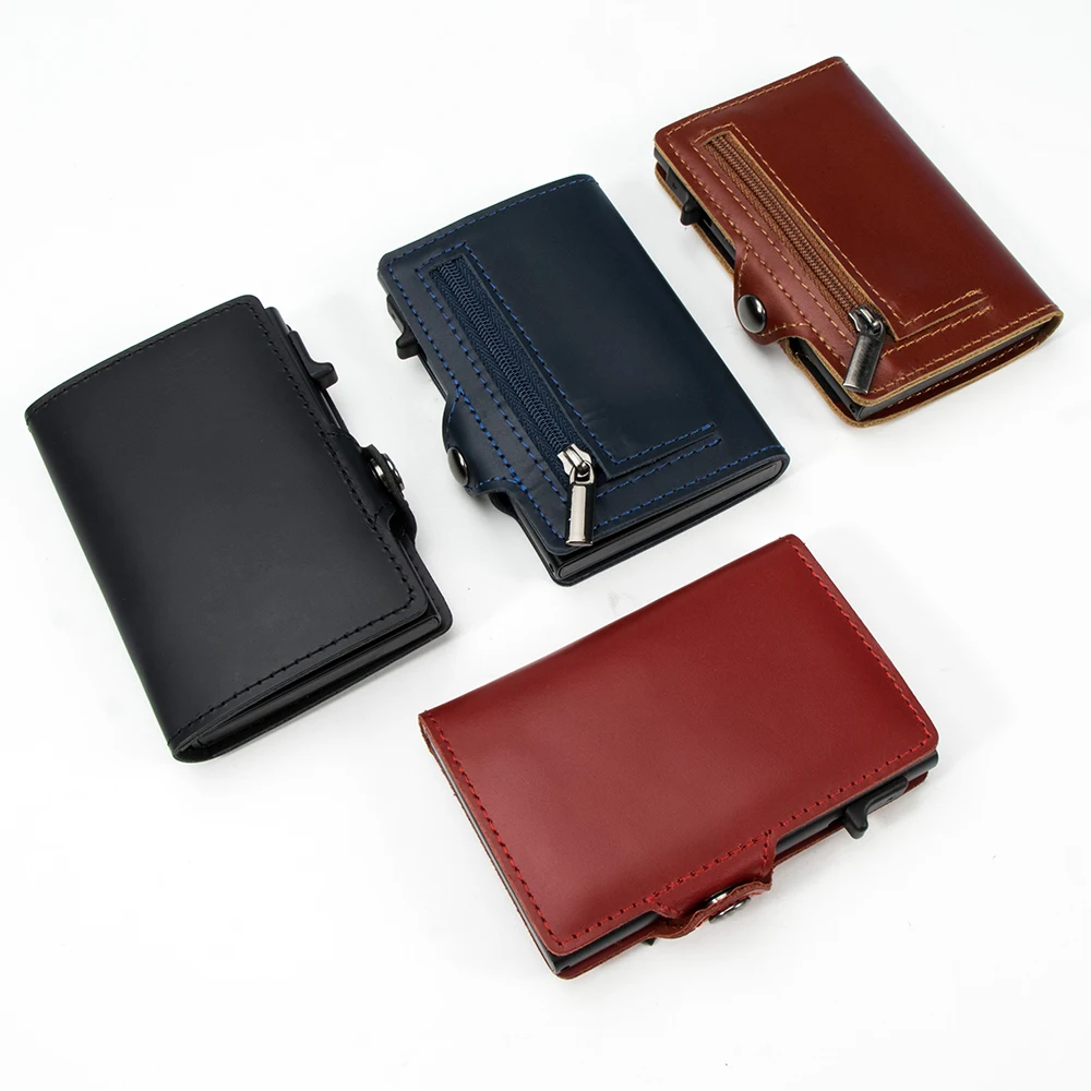 High Quality Oil Wax Smooth Real Leather Pop up Slim Card Holder Wallet Business ID Card Aluminium RFID Protected Smart Wallet