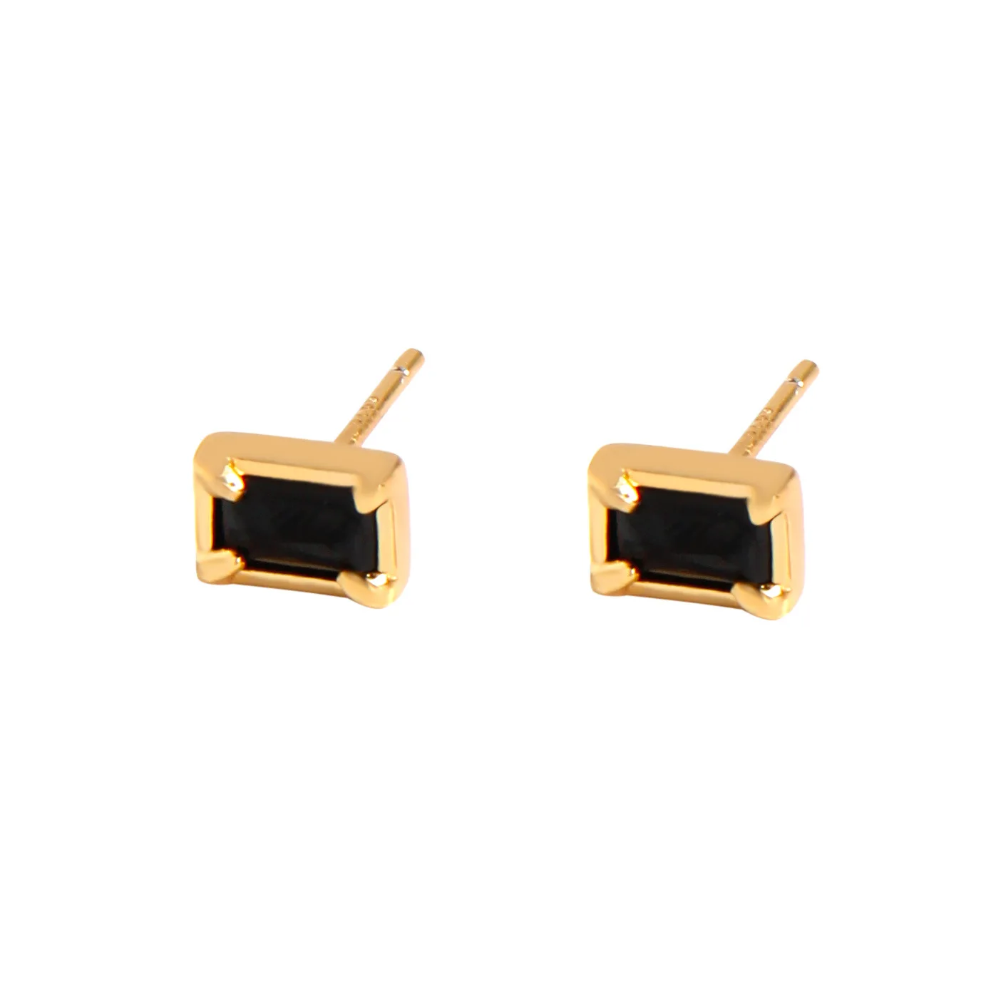 Minimalist 18k Gold Plated Black Zircon Stud Earrings 925 Silver Gemstone Ear Studs