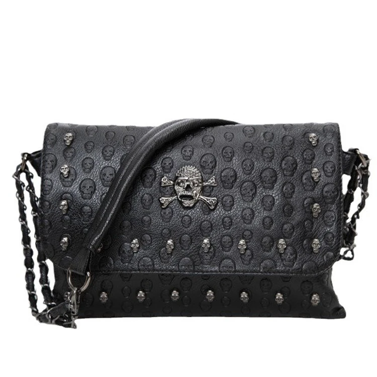Vintage Punk Black Leather Skull Rivet Purse Pu Braided Iron Chain Handbag Women Crossbody Bag