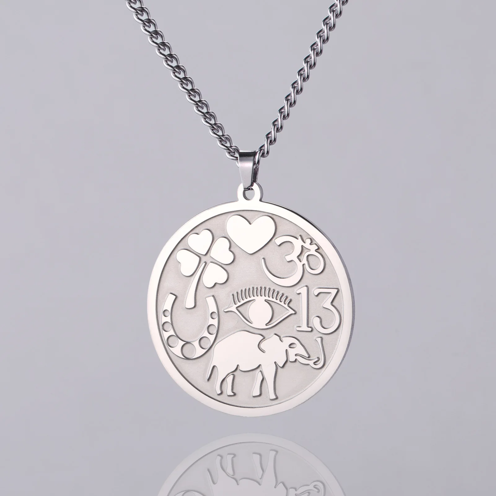 Wholesale  Good Luck  Elephant Medallion Necklace Powerful Protection Amulet Ohm Symbol Horseshoe  Stainless Steel Necklace