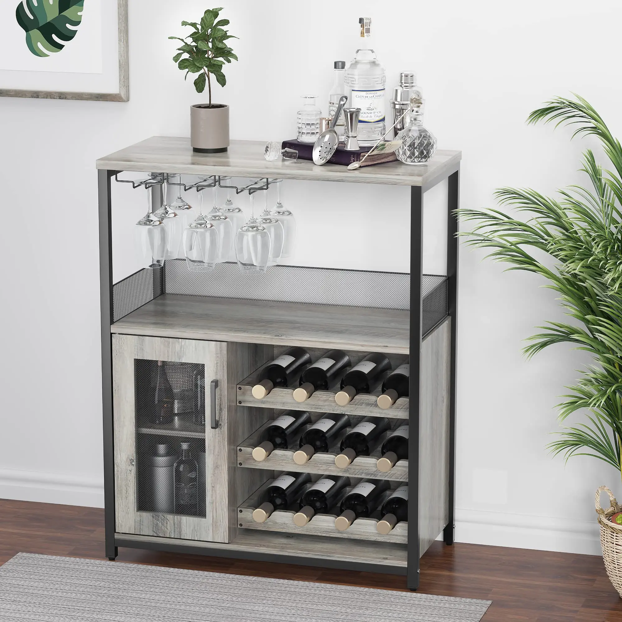 Wine Bar Rack Cabinet with Detachable Wine Rack, Coffee Bar Cabinet with Glass Holder, Small Sideboard  with Mesh Door
