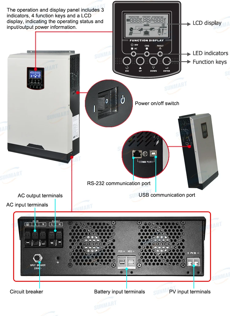 Foshan SUNMART коэффициент выходной мощности PF = 1 0 5.5kw Гибридные солнечные инверторы для хранения энергии с независимым