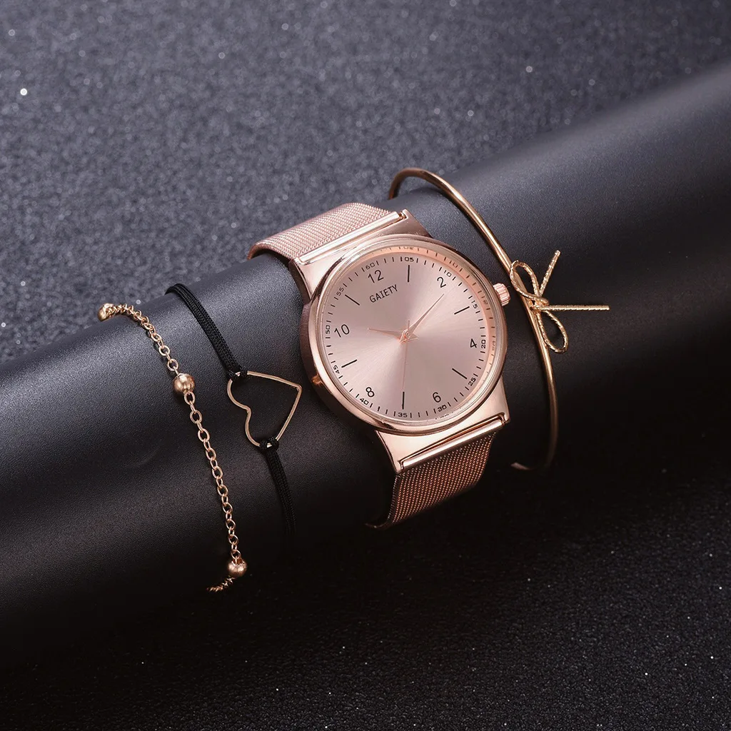 Quartz Wristwatch Alloy Strap Ladies Casual Round Rose Gold Watches Bracelet Set Fashion Jewelry Accessories