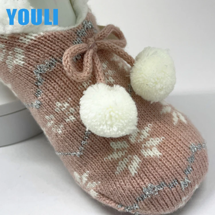 Зимние женские толстые домашние туфли, бархатные плюшевые кашемировые Рождественские снежинки, домашние тапочки с люрексом и бантом, теплые носки для пола