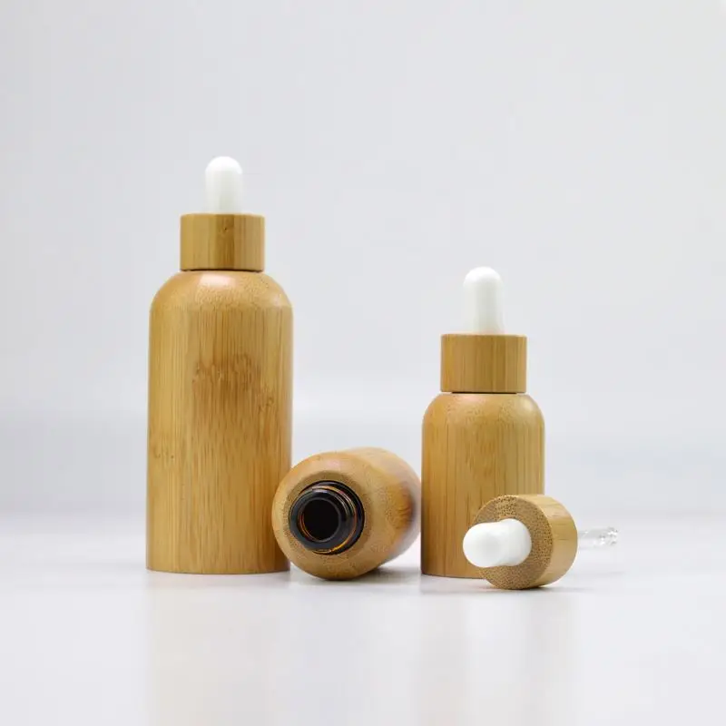 Eco Friendly Wood Cap Bamboo Essential Oil 10ml 15ml 20ml 30ml 50ml Empty Pipette Glass Containers Cosmetic Dropper Bottle