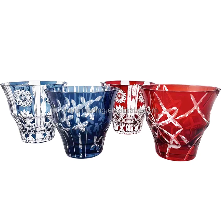 Flat Bottom Bohemia Style Drinking Glasses Blue Red Cut to Clear Crystal Drinking Glasses