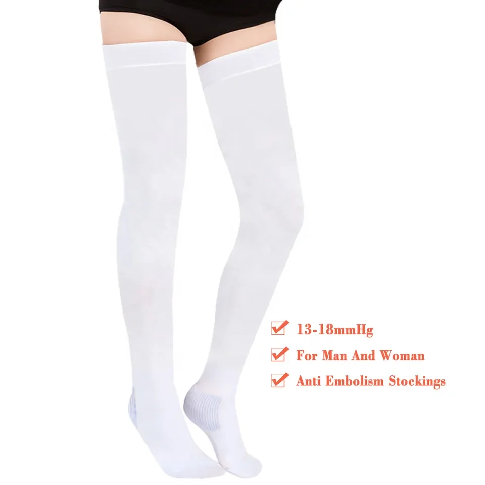 Wholesale 13-18mmHg Compression Anti-embolism Stocking Elastic Nylon Thigh High Socks White Color