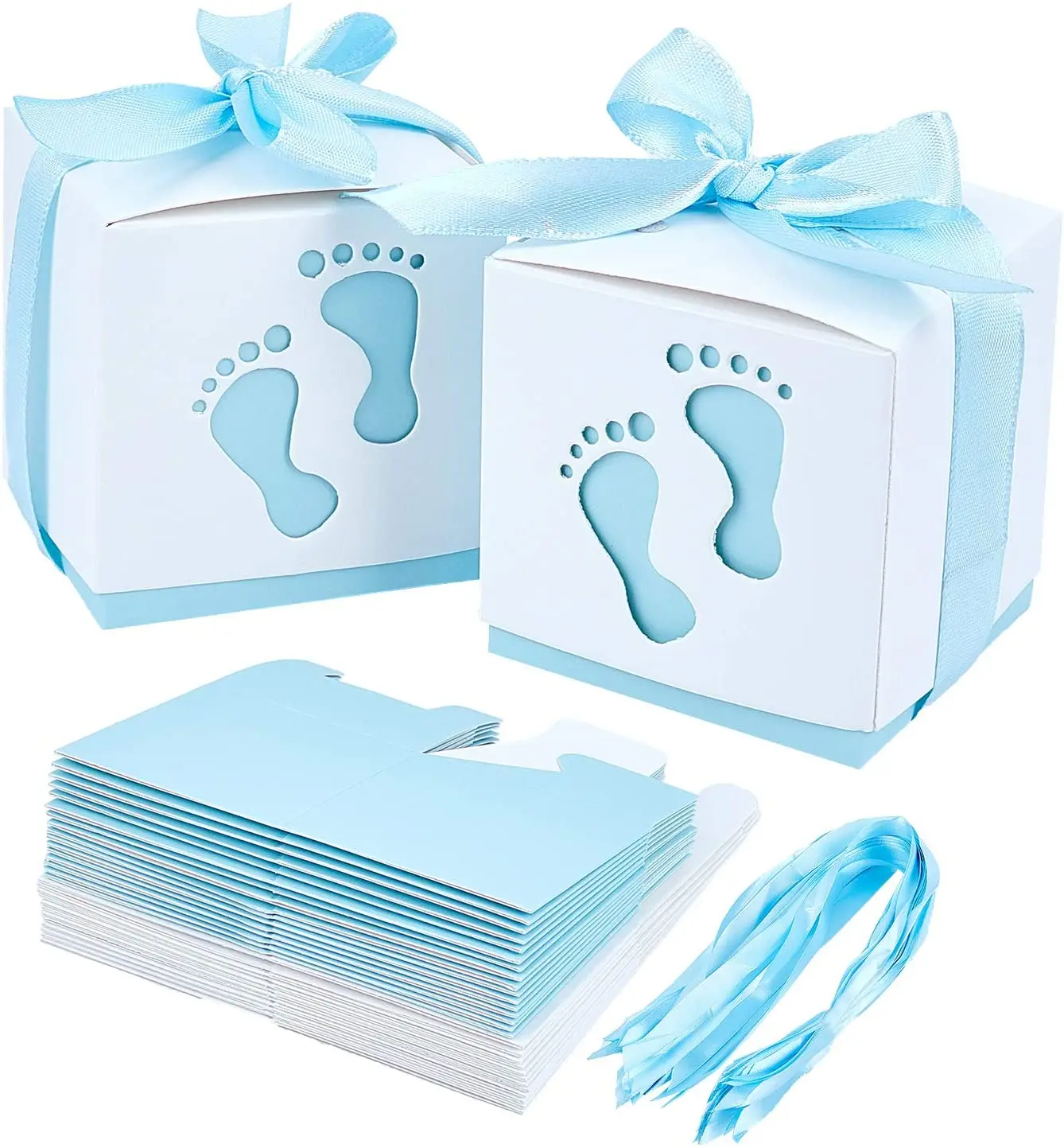 Baby Shower Candy Boxes Footprints Folding Boxes Newborn Baby Paper Gift Box with Ribbon for Gender Reveal Party Kinderg