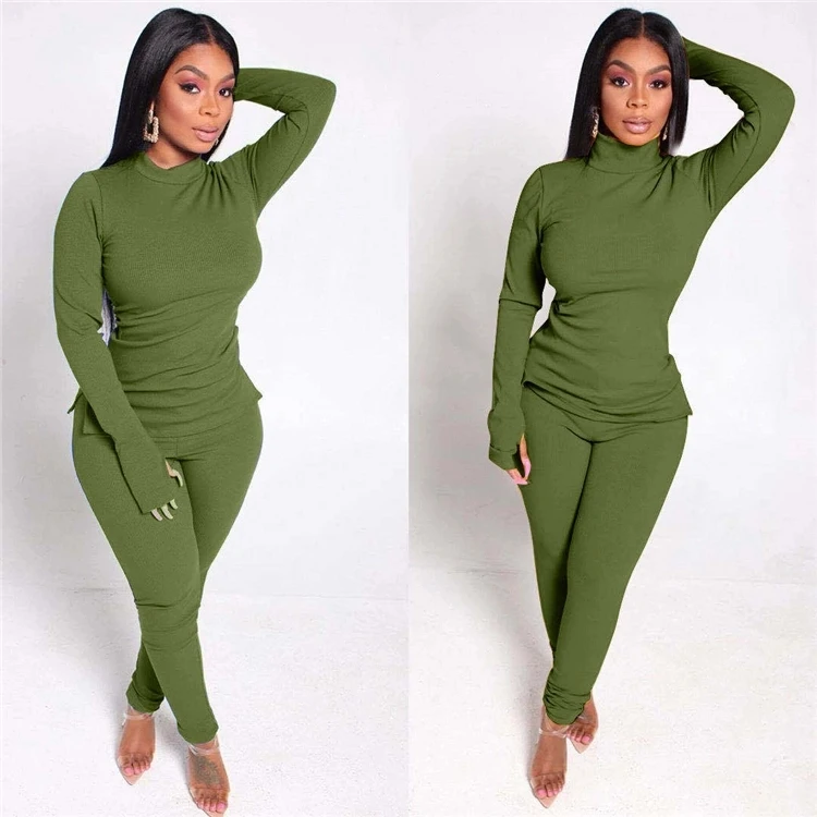 
Hot sale Sexy Skinny Long Sleeve solid color Bodycon Clothing Pant Women Two Piece pants Outfits Set 