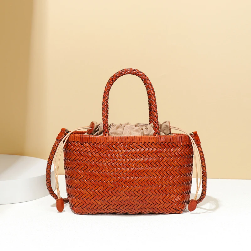 ins hot sale soft genuine leather ladies braided handbag French vegetable basket woven bag head layercowhide handmade rattan bag