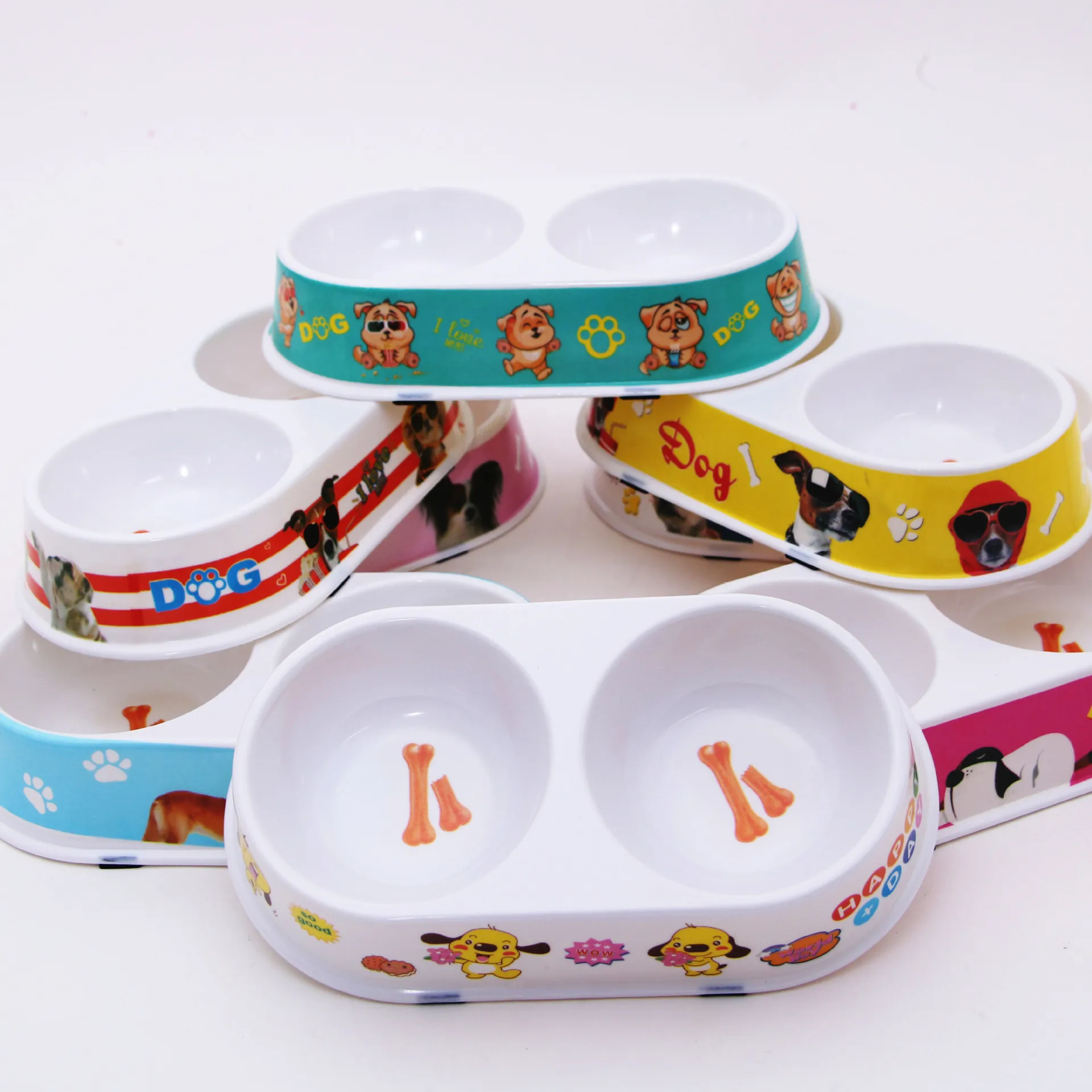 Premium Quality Colorful Melamine Printed  Round Double Dog Bowl Plastic Pet Food Bowl