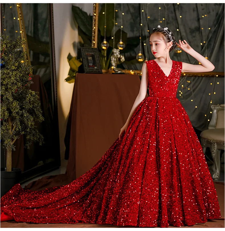 Высококачественное красное платье принцессы без рукавов с блестками