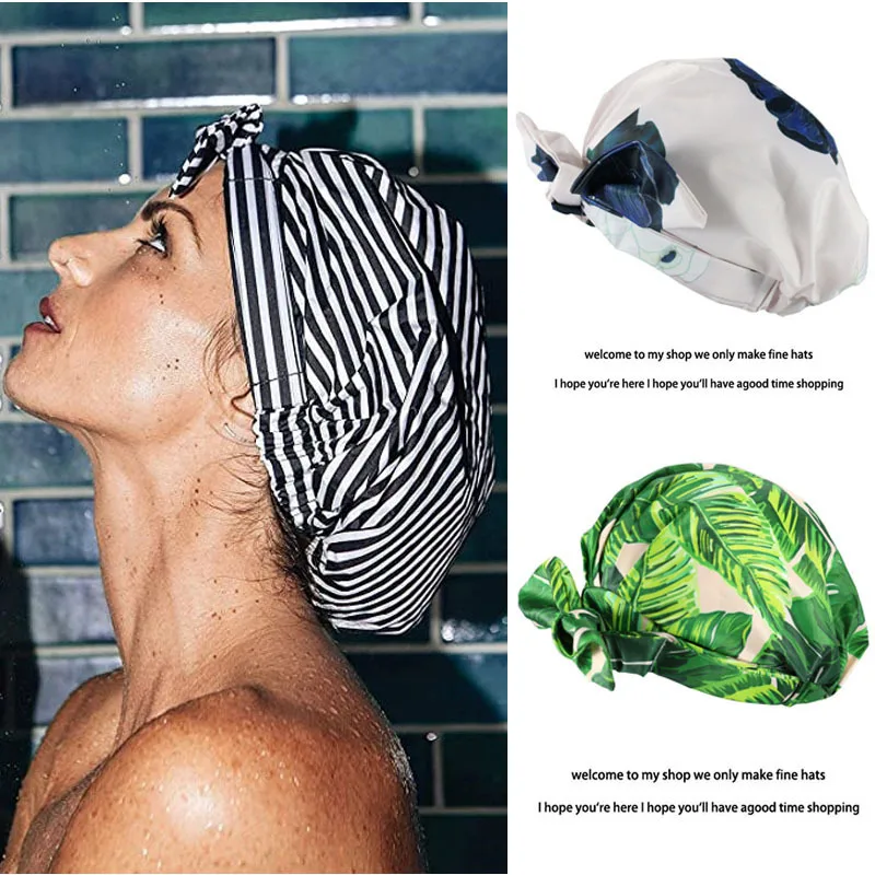 Customized luxury thick towel material lined bathing cap reusable and waterproof shower cap