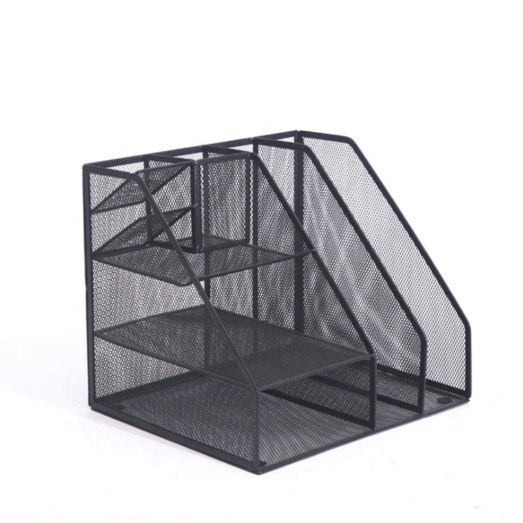 Multifunctional black metal mesh desk organizer file storage stationery set for office and home supplies