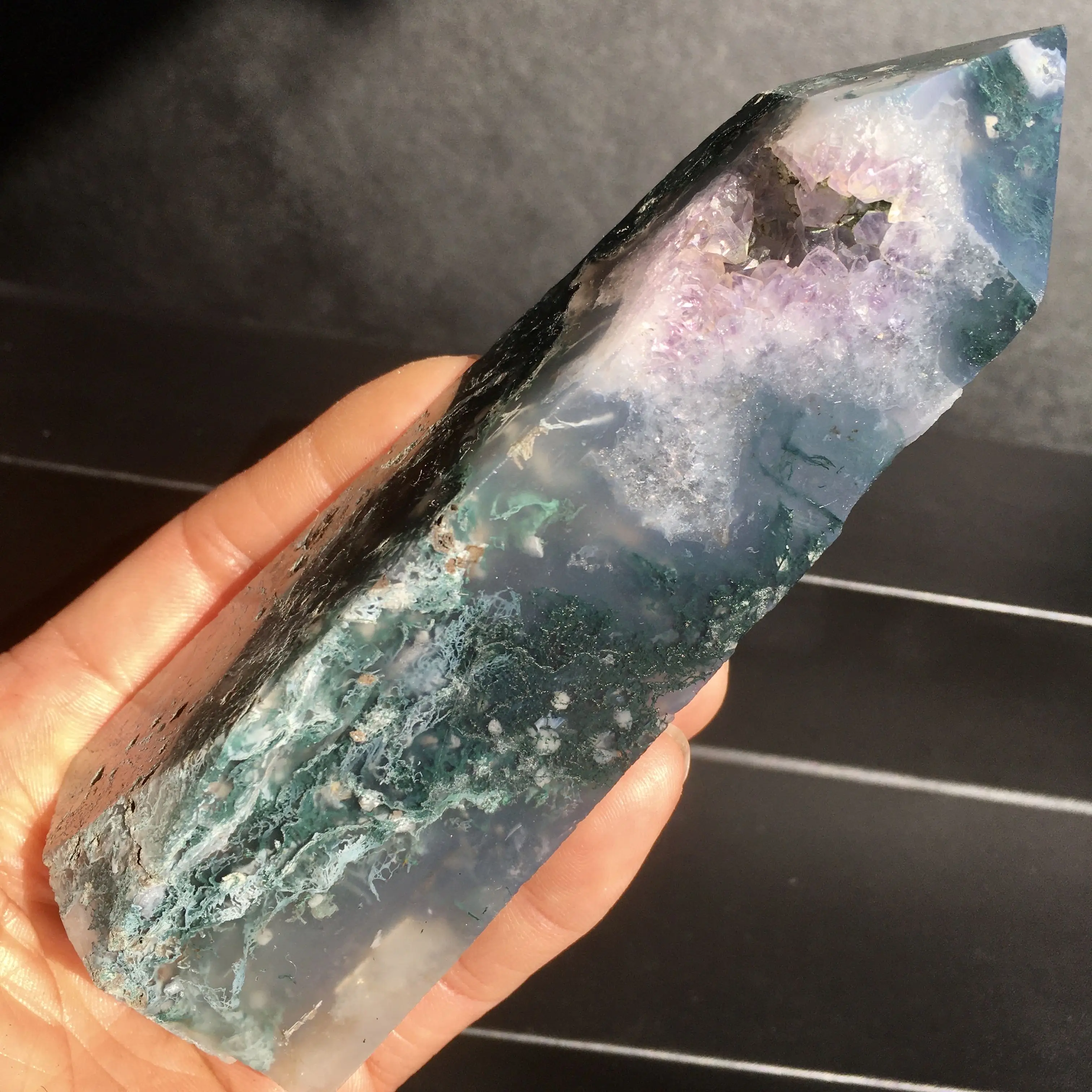 Natural Purple Moss Agate High Quality Moss Agate With Amethyst Geode Tower Nice Crystal Point For Sale