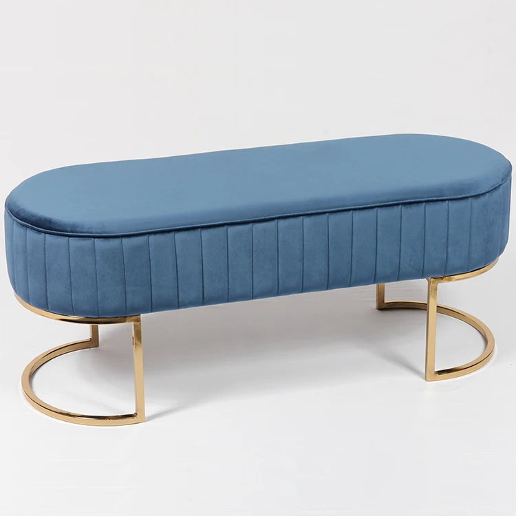 Factory New Design Metal legs long sofa stool and fabric velvet pouf chair oval ottoman stool