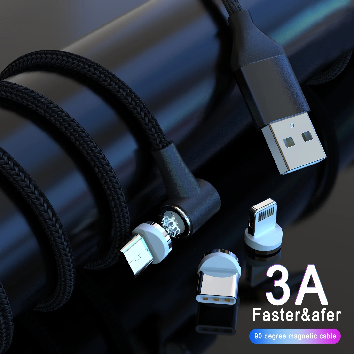 
1M 2M 90 Degree Magnetic Cable 3A Fast Charging Charge Nylon Tablet Data Sync L Shape Magnet Micro USB C Cable For IOS Android 