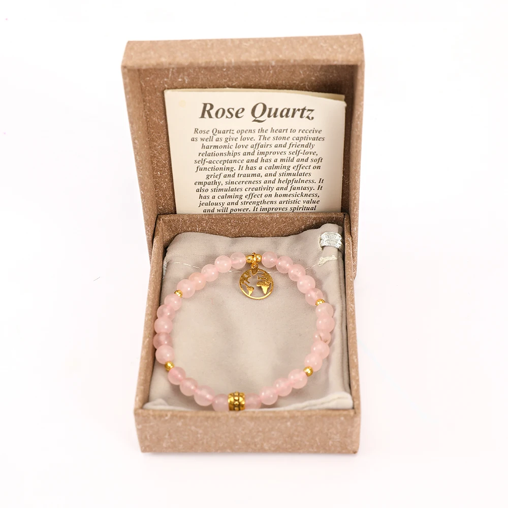 Trendy Designer Charm Nature Stone Rose Quartz Bracelets Stainless Steel Map Jewelry 2021 with Gift Box Packing