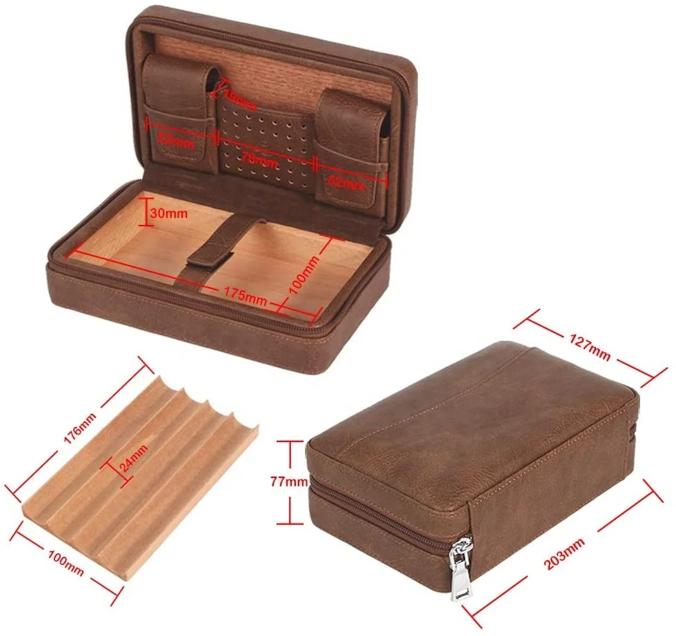 Cigar Case Travel Humidor Leather Bag for Cigars Lighter Cutter, Humidifier Bag, Cedar Wood Tray Fit 4 Cigars