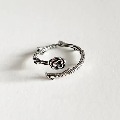 Vintage Rose Design Korean Jewelry Handmade Silver Elegant Opening Flower Ring Fashion Sterling Silver Rings For Women