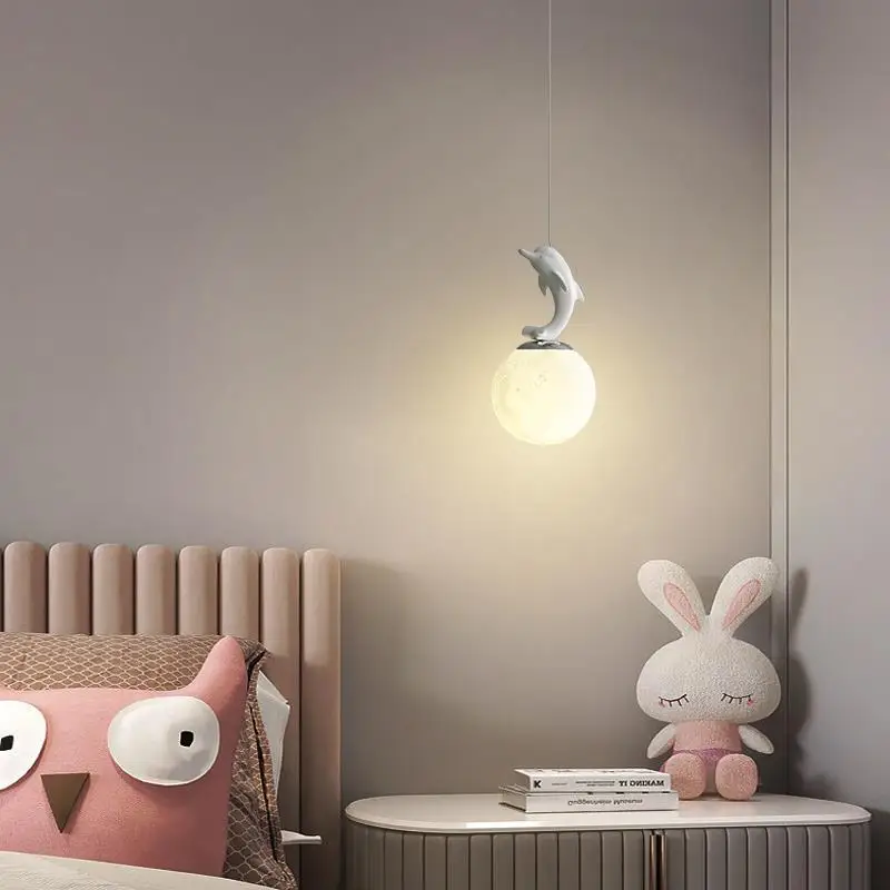 Nordic Modern Creative Personality Art 3D Moon Bedside Lamp Simple cream wind Resin bear Bedroom pendant lamp