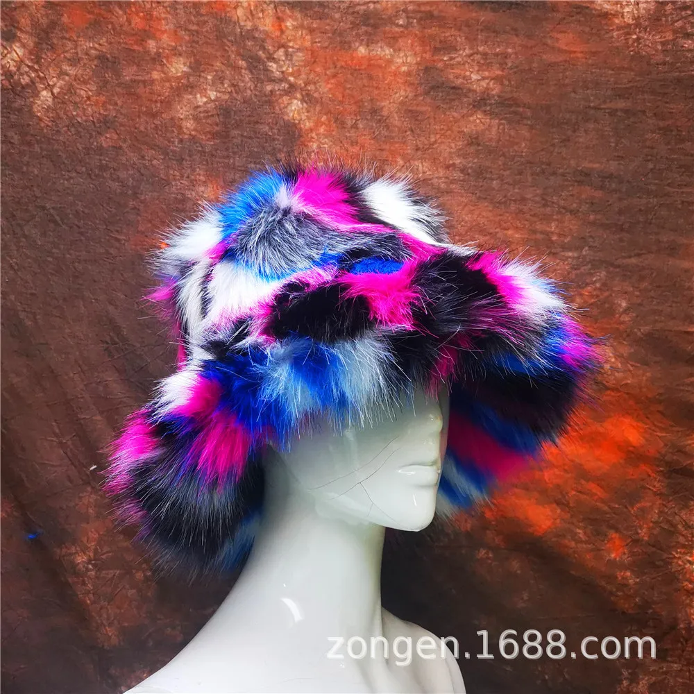 2022 Winter Women Keep Warm Rainbow Hat Faux Fox Fur Basin Female Fashion Casual Party Bucket Hat Music Festival Thickened Hat