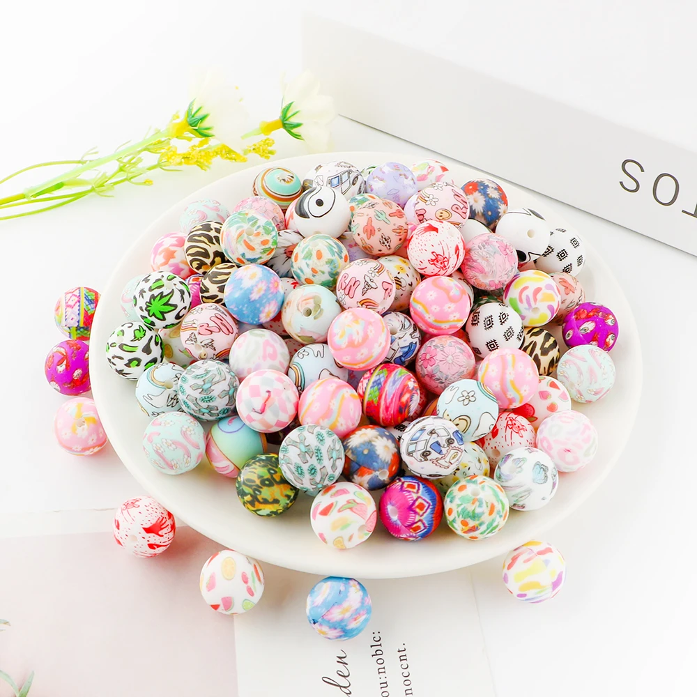 Wholesale DIY Silicone Chewable 15mm Round Printing Teething loose Beads For Pens Keychain Bracelet Making