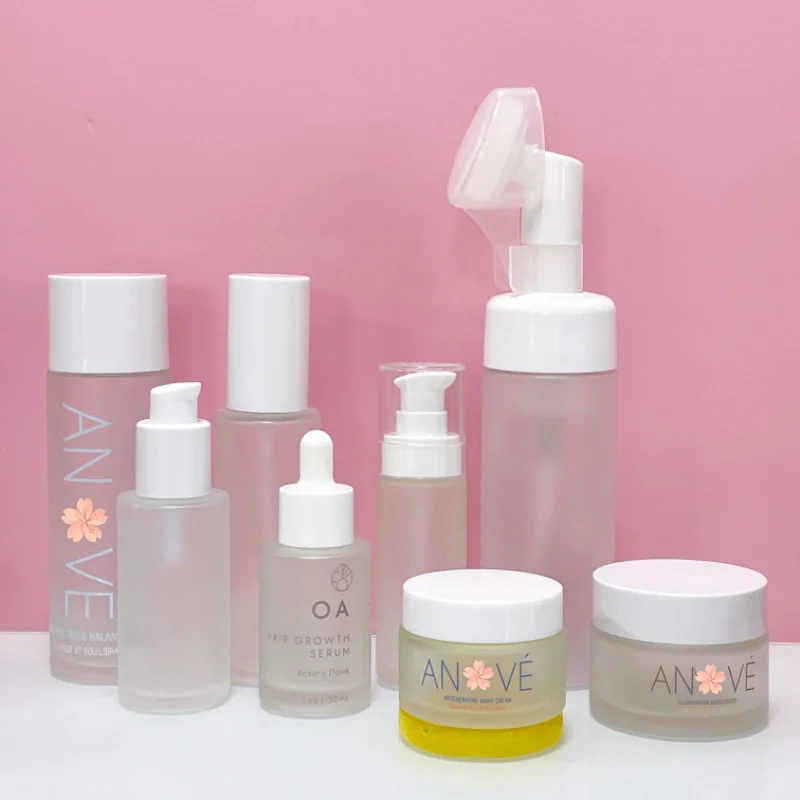 Skincare Packaging Set 1oz 2oz 30 50 100Ml Empty Frosted Cream Cosmetic Glass Jar Lotion Pump Serum Glass Bottle With Lid