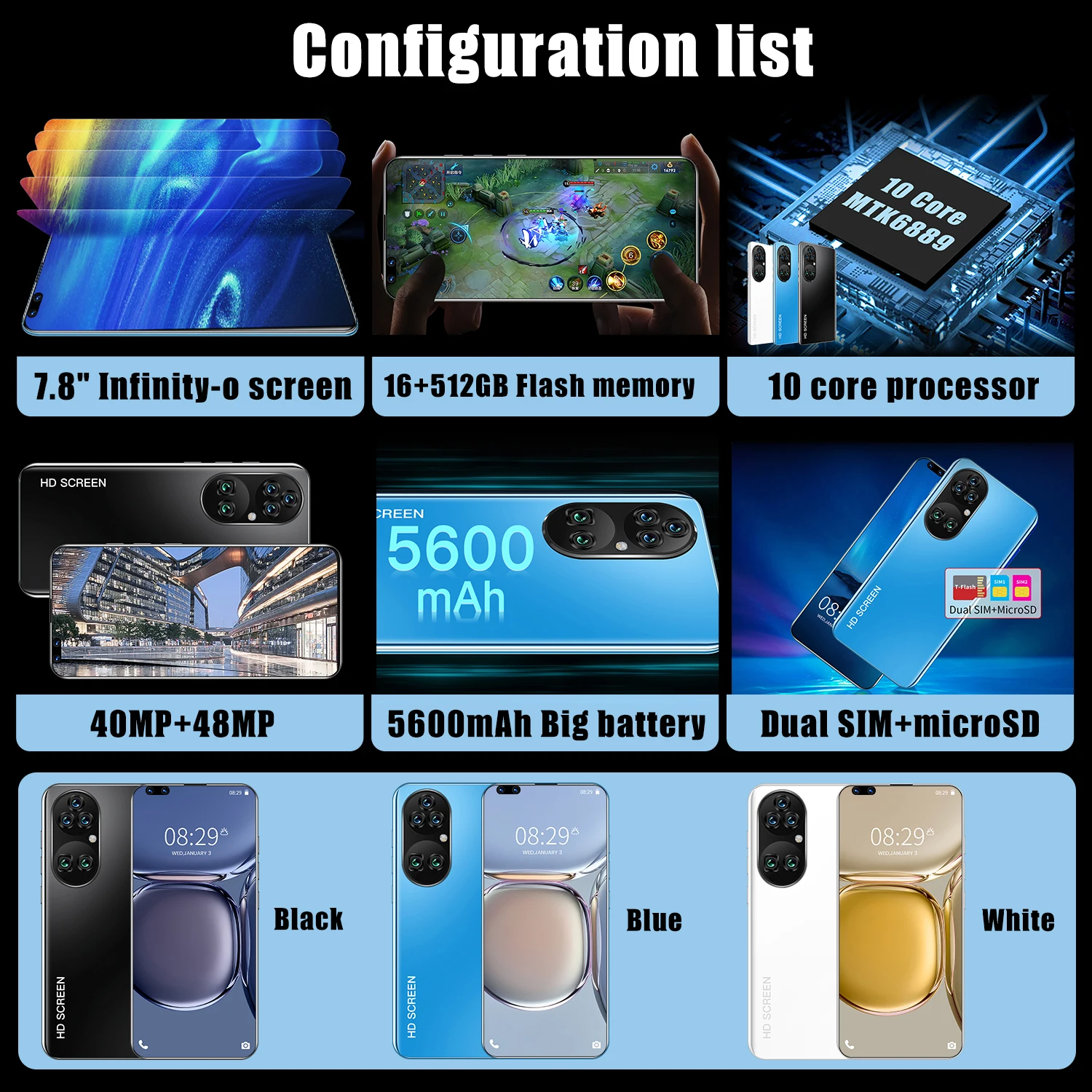 Новый высококлассный сотовый телефон tecno P60Pro 7 8 дюймов перфорированный экран 16 ГБ + 512 Android 10 4g/5g смартфон