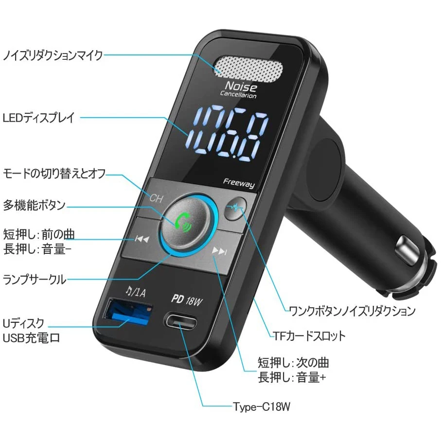 FM передатчик для автомобиля QC3.0 & USB-C PD 18 Вт беспроводной радио адаптер музыкальный плеер/автомобильный комплект с