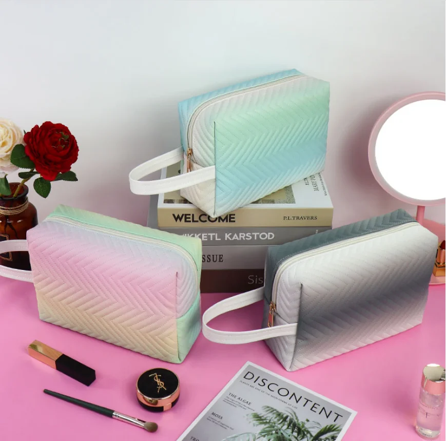 The New 2022 Women Cosmetic Bag Pink Blue Black Purple Cross Grain Pu Semicircle Clutch Storage Wash Bag Custom Logo Shape Miss