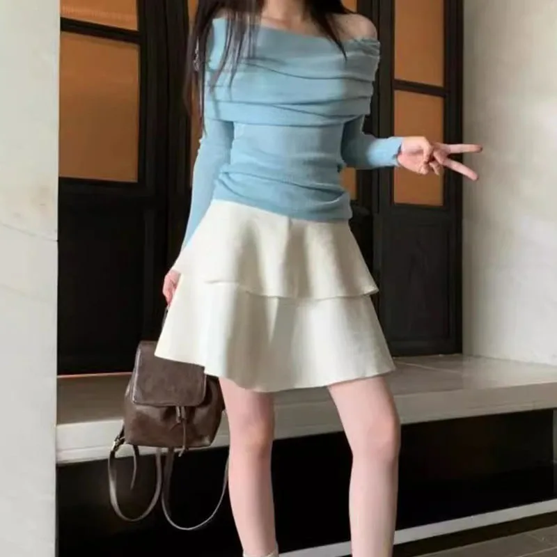 2024 spring Autumn Winter Half Skirt Cake Short Mini Pleated solid Ladies Girl Midi A-line School set for women Knitted skirt
