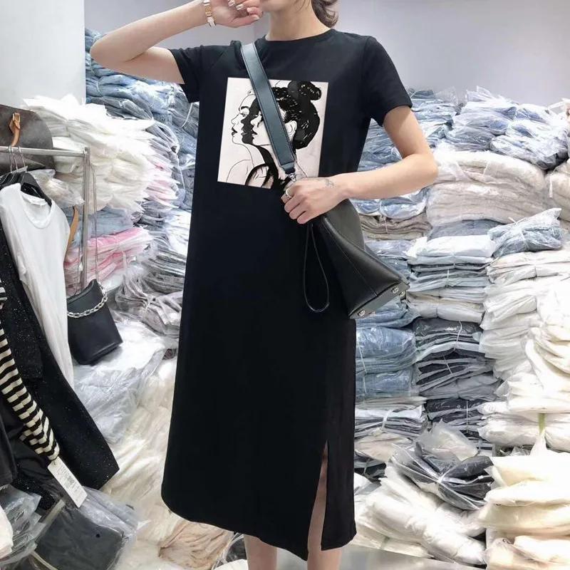 2022 Cheap Wholesale Lady Maxi Split Dress Funny Print Summer Casual Dresses