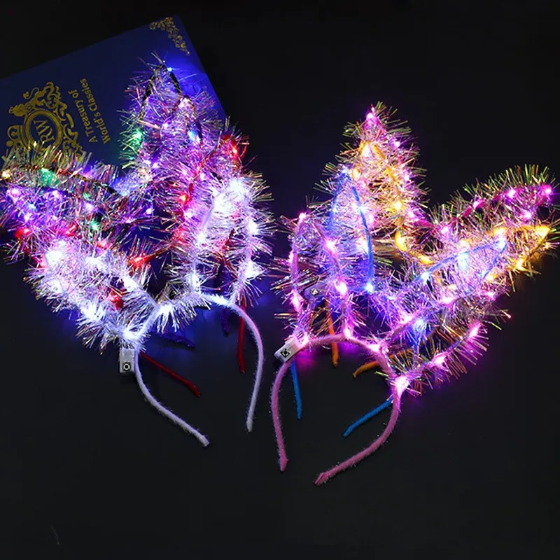 IFOND Hot Led Light up Cat Rabbit Ears Luminous Headband Plush Glowing Hair Band Halloween Christmas Holiday Party Headwear