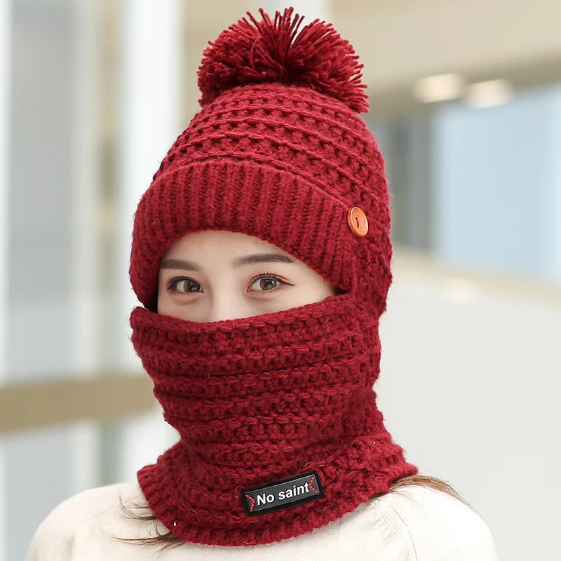 
KENSHELLEY Wholesale women men pom pom ball crochet knitted cotton wool neckerchief face mask winter beanie hats 