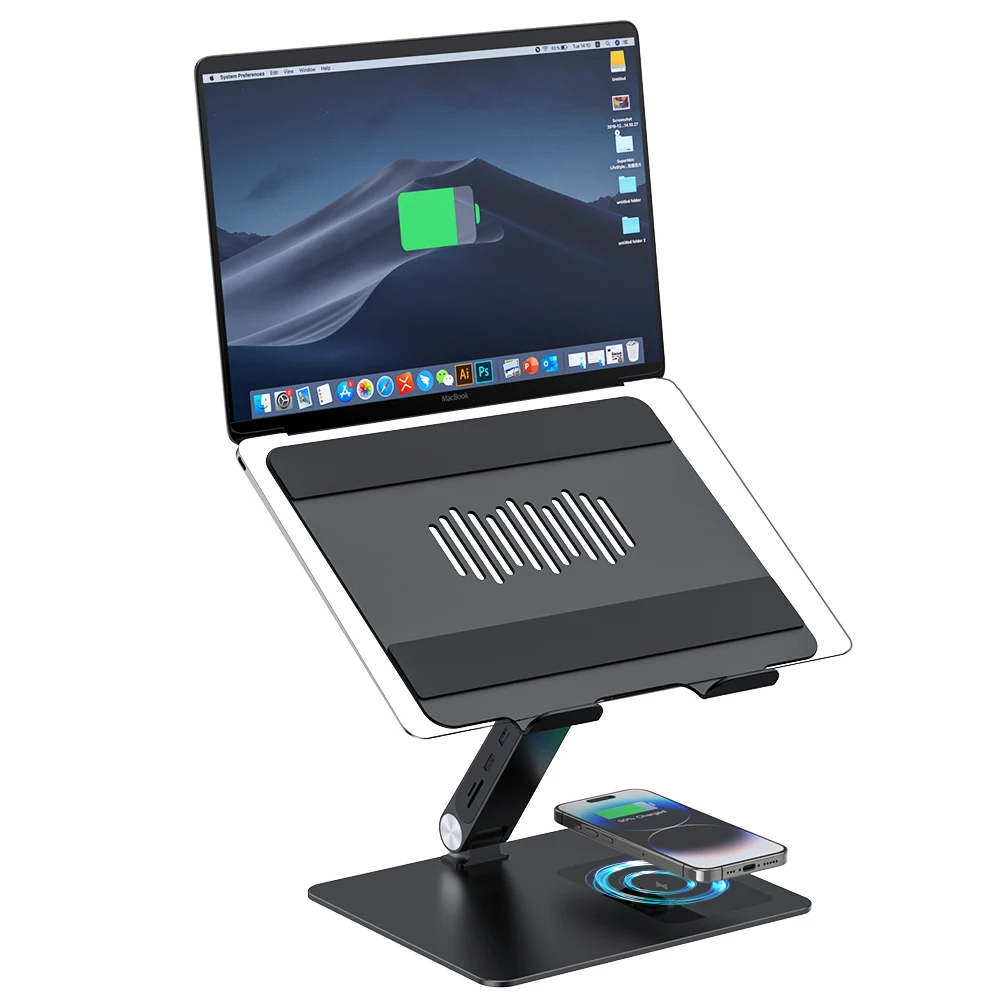 High Quality Adjustable Foldable Desktop Supporter with docking station Aluminum alloy Laptop Holder Stand With Wireless Charger