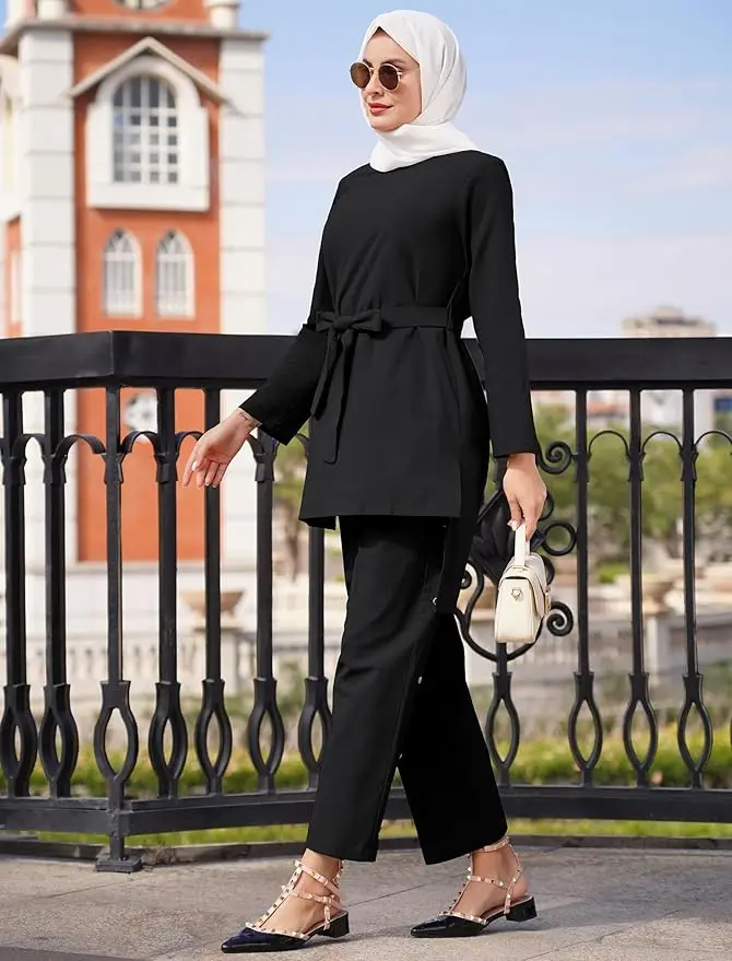 Elegant Outfit with Waist Belt Black, Fir Green, Copper Brown, and Dusty Blue Modest Tunic and Pants Set for Muslim Women