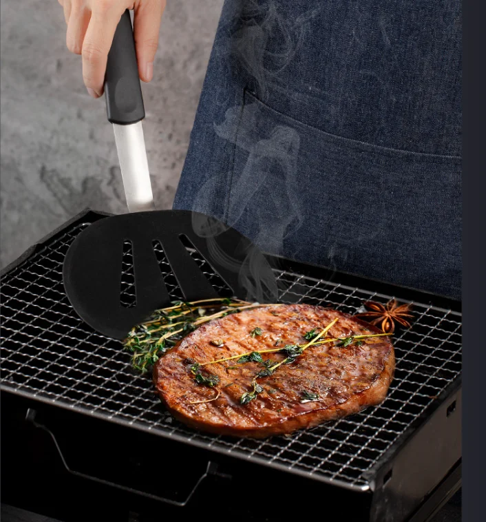 Silicone Multi-function Kitchenware Shovel Set With 430 Stainless Steel Rubber Handle Round Leaky Shovel Solid Shovel Set