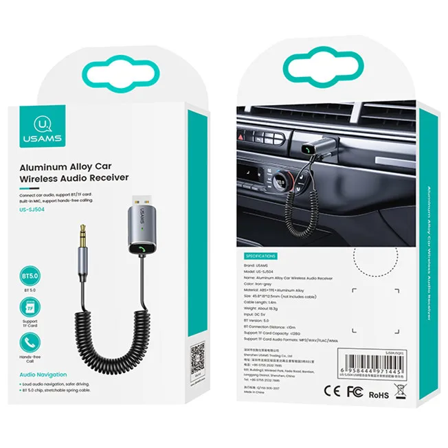 
New Arrivals USAMS US-SJ504 BT5.0 Aluminum Alloy Car Accessories Wireless Audio Receiver USB Player AUX Cable 