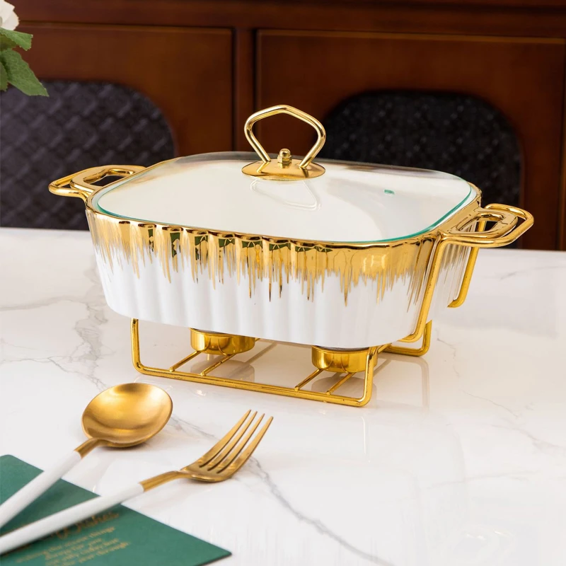 Hotel Equipment Catering Rectangle Shape European Luxury Set Ceramic Dry Pot Food Warmer Set