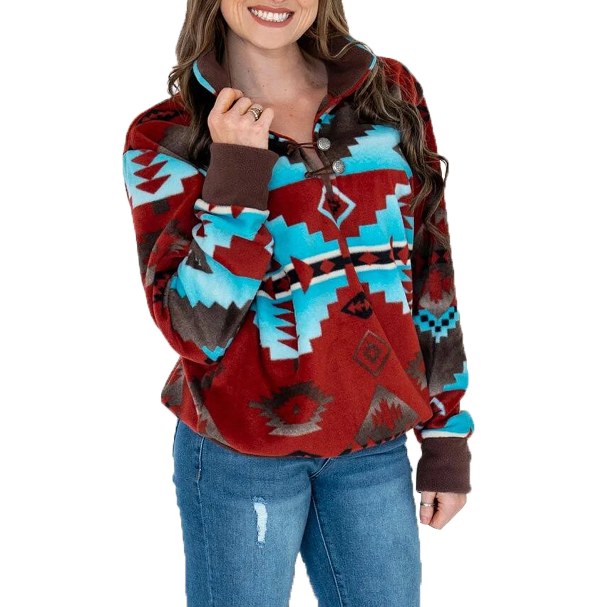 
Custom Aztec Geometric Button V Neck Casual Long Sleeve Plush Thick Pullover Women Sweatshirt 