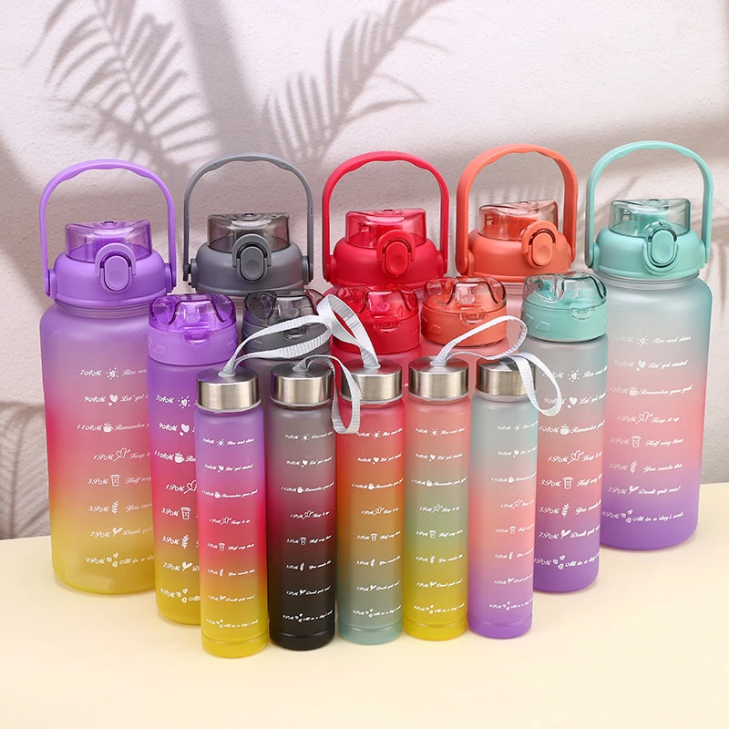 Gradient color tour camp 3 piece set PC plastic water bottle 2000ml 64oz jug with motivational and time marker OEM ODM