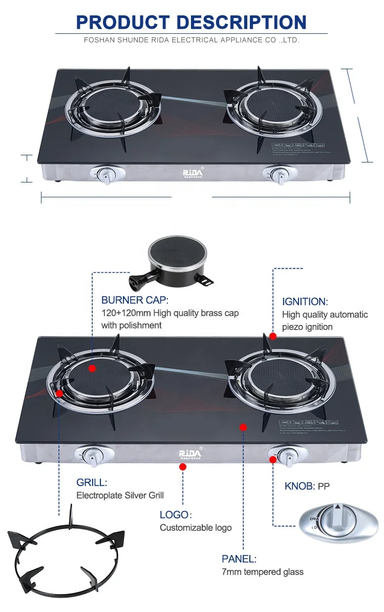 Thin linear print popular black new design commercial 2 burner glass top gas stove