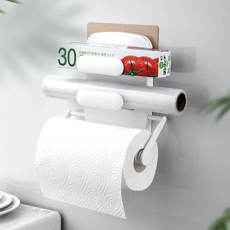 3 in 1 MULTI-FUNCTION  Wall mounted Shelf Plastic Aluminum Film wrap Holder Paper Roll Holder  Kitchen Tool Rack