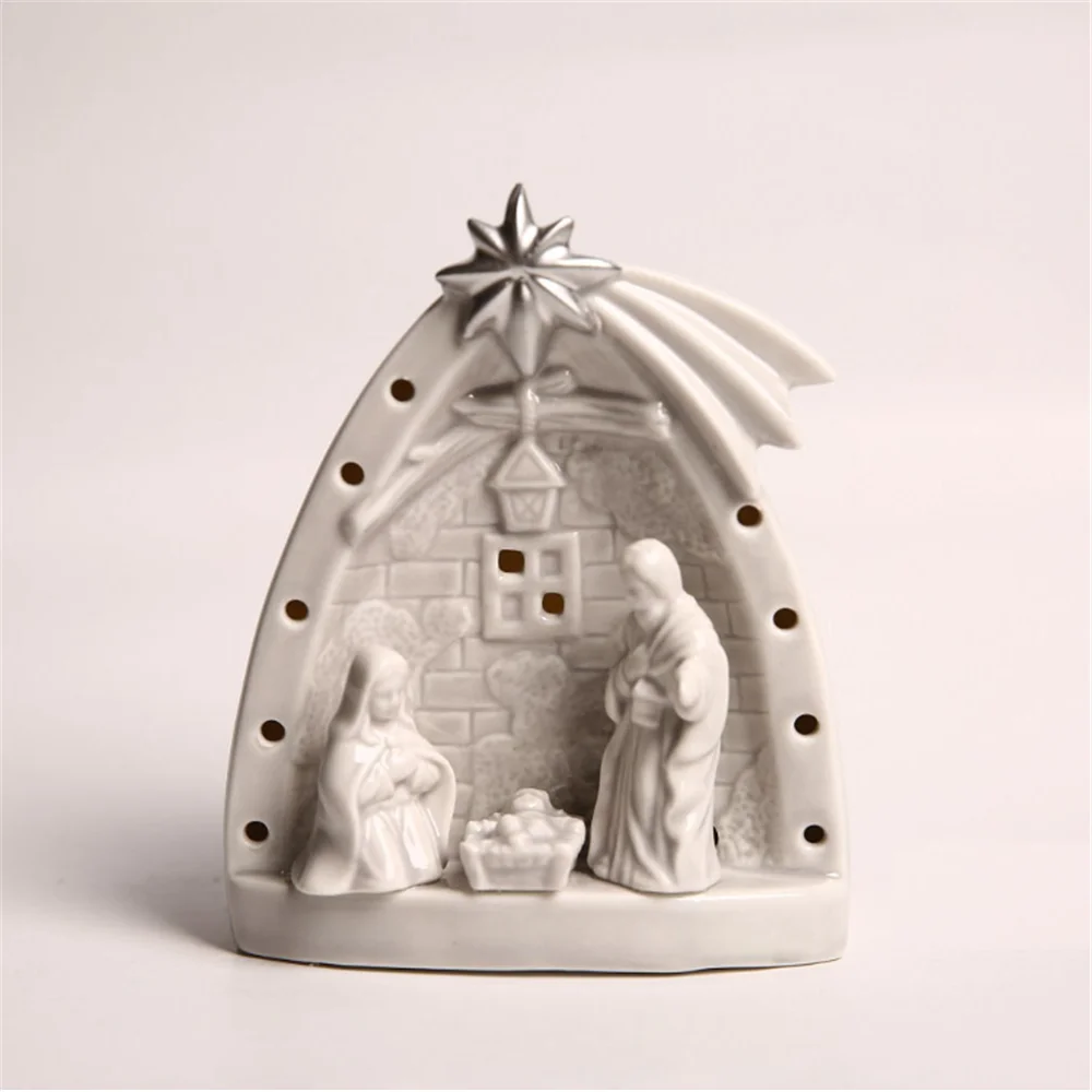 Christmas Ceramic Crafts Holy Family Nativity with LED Light