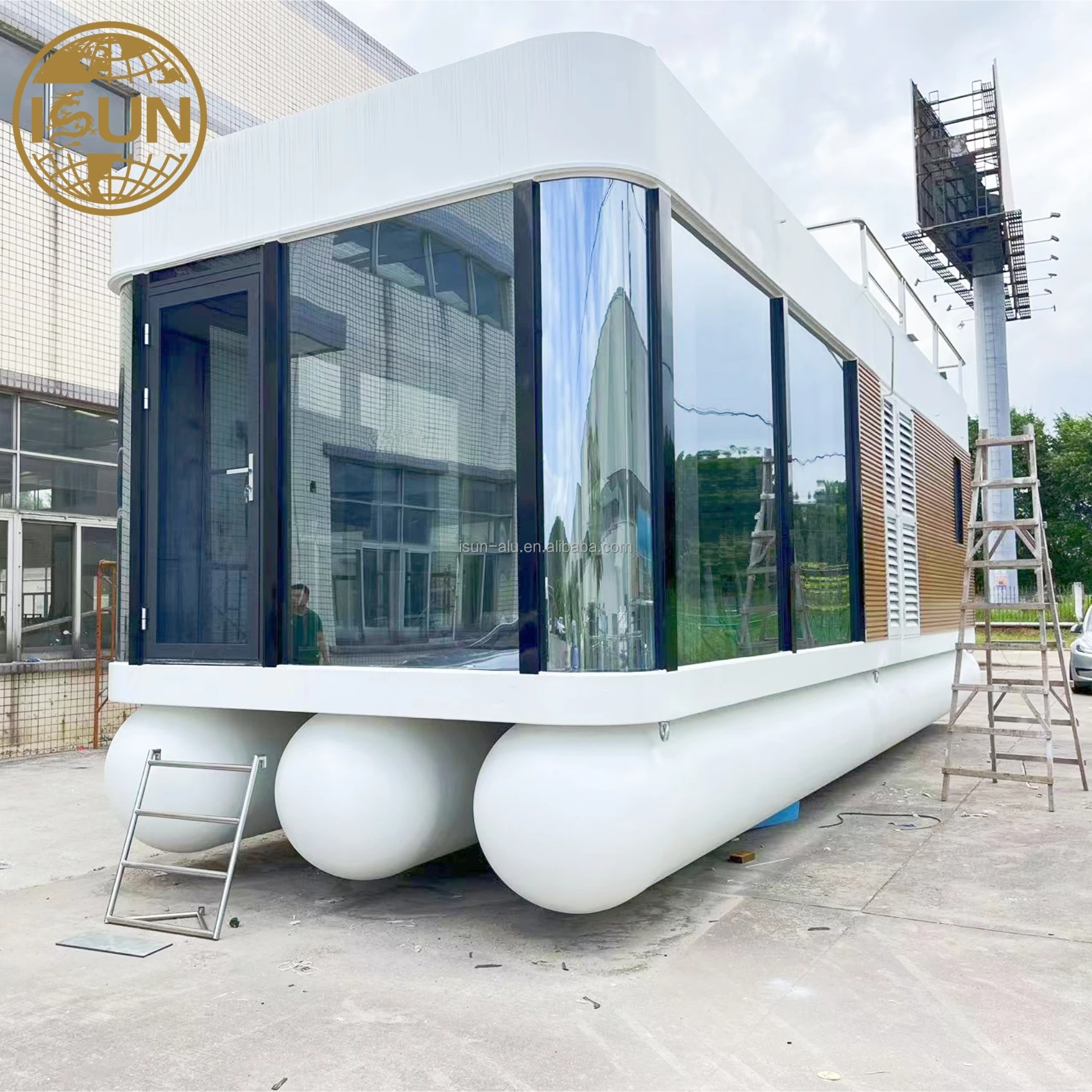 Fiberglass houseboat metal boathouse hot sale floating boat house capsule house