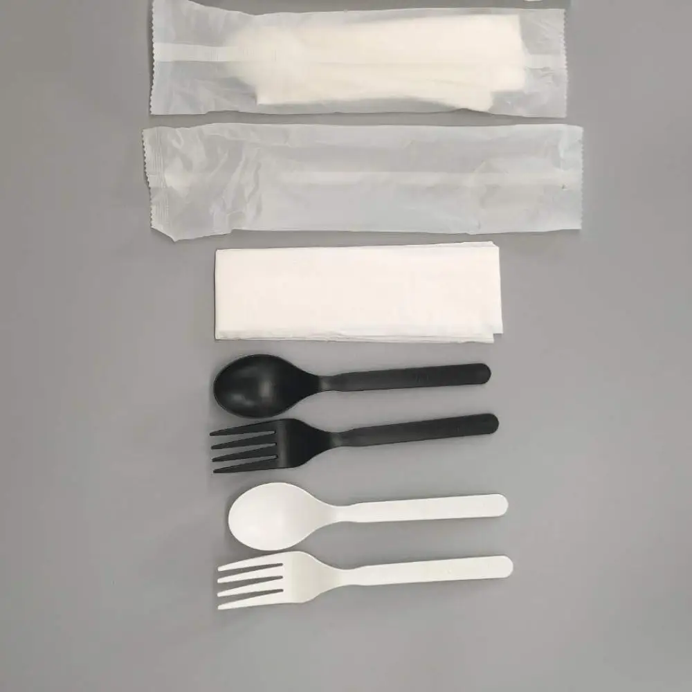 
GreenWorks degradable eco-friendly cutlery with Napkin ,white or black CPLA plastic fork and spoon dinnerware sets 