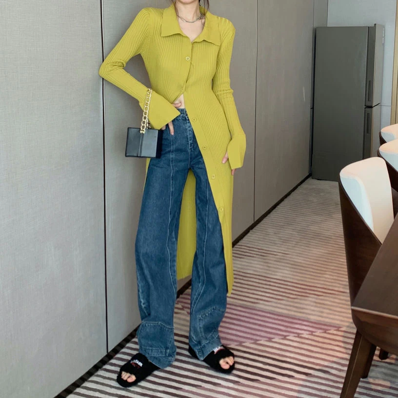 Autumn fashion turn-down collar  knitted sweater long knitted dress for women slim fit