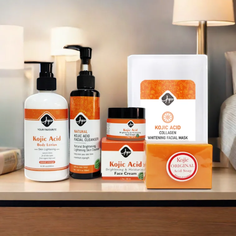 Private Label 6-Pcs Skin Care Set Includes Kojic Acid Whitening Lotion and Moisturizing Cream with Vitamin C Herbal Ingredients